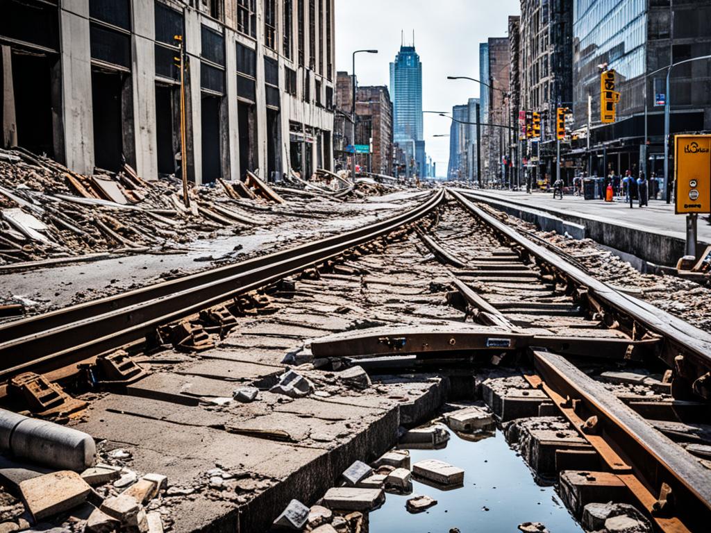 A crumbling infrastructure in the midst of a bustling city, showing the disconnect between economic growth and adequate resources.