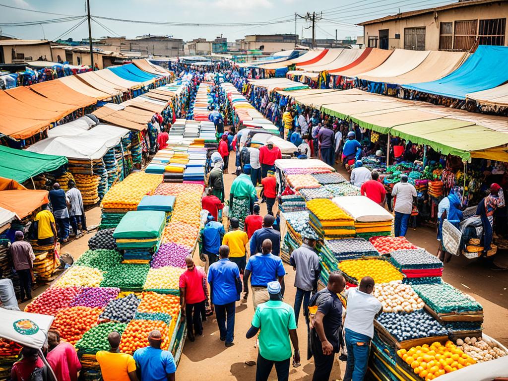 A bustling marketplace in Nigeria, full of colorful goods and products that represent the diverse industries of the country's growing economy. Bright lights and energetic activity convey the sense of opportunity and growth that exists within Nigeria's business landscape.