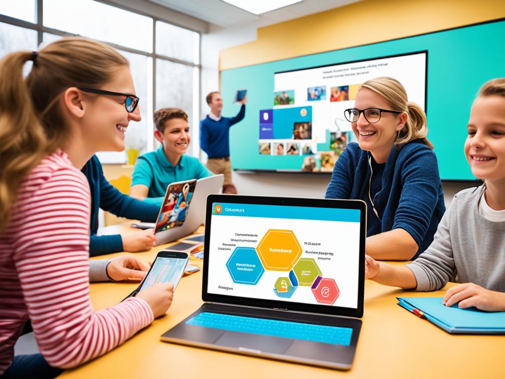 An image of a virtual classroom where students are engaged and active in their learning. Bright colors and dynamic angles are used to capture the energy of the online environment. It includes elements such as interactive tools and multimedia resources to showcase the innovative approach to education. Students are shown collaborating with each other and sharing ideas, while the teacher provides guidance and support from a distance. It emphasizes the benefits of remote learning, such as flexibility and accessibility, while highlighting the importance of maintaining a sense of community and connection in the digital realm.