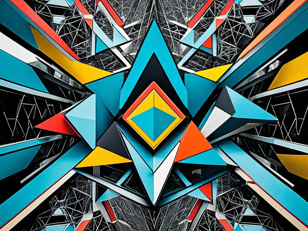 An image of various geometric shapes overlapping each other, with a focus on angles and symmetry. Bold and contrasting colors are used to highlight the shapes and make them stand out. It includes formulas and equations related to each shape subtly into the background, adding a sense of mathematical precision to the piece. The overall effect is modern and minimalist, with a nod towards the mathematical beauty of geometric shapes.