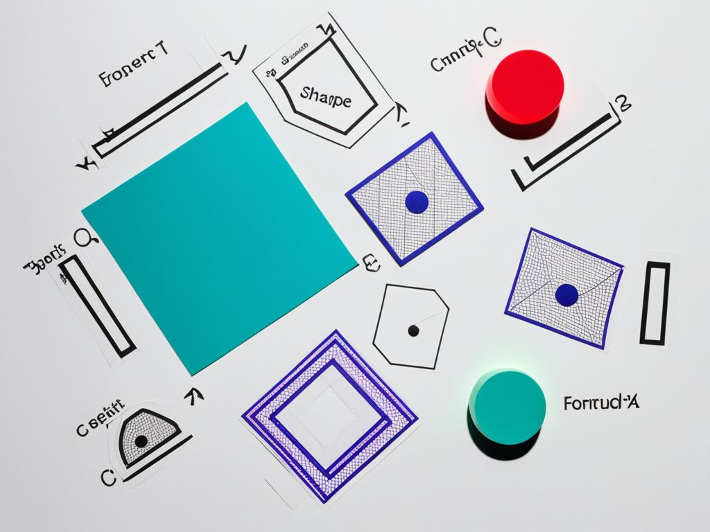 An image that showcases the relationship between geometric shapes and the formulas used to calculate their properties. Contrasting colors are used to highlight the different shapes, it includes examples of real-world objects that can be represented by these shapes. The image conveys the importance of geometry in understanding the foundation of shape and space.