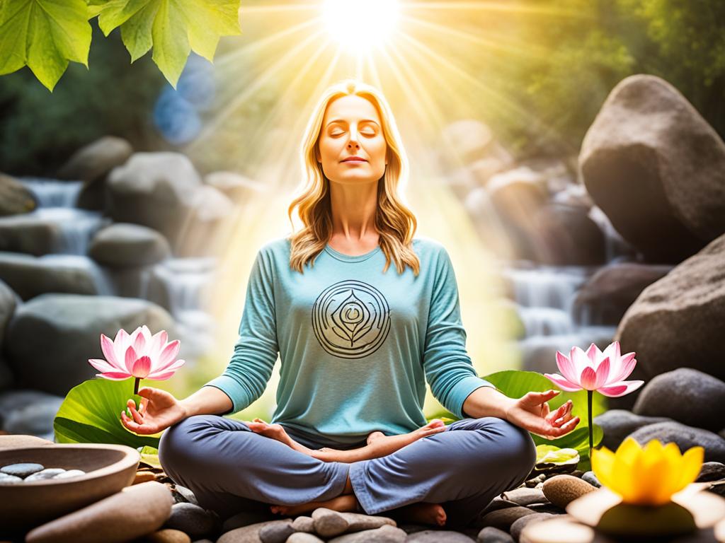 An image of a lady meditating with the sun rising behind her, surrounded by elements of nature such as trees, flowers, and rocks. Soft and pastel colors are used to convey a sense of peace and calmness. The image includes symbols of mindfulness techniques such as a lotus flower, a singing bowl, and incense. It shows her sitting cross-legged with her eyes closed and hands resting on her knees in a gesture of tranquility. The overall mood of the image is serene and inviting.