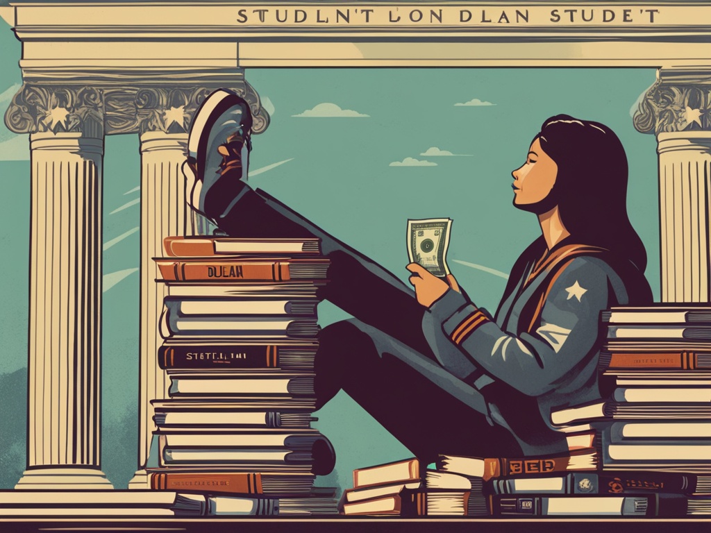 A student sitting on a stack of books, reaching up to grab a dollar bill hanging from a string labeled "student loan debt." The books are slightly tilted and the background has a faded image of a university campus.