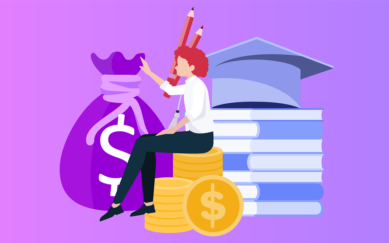 An animated image of books, graduation hat and a lady sitting on dollar coins with her hands on a dollar bag.