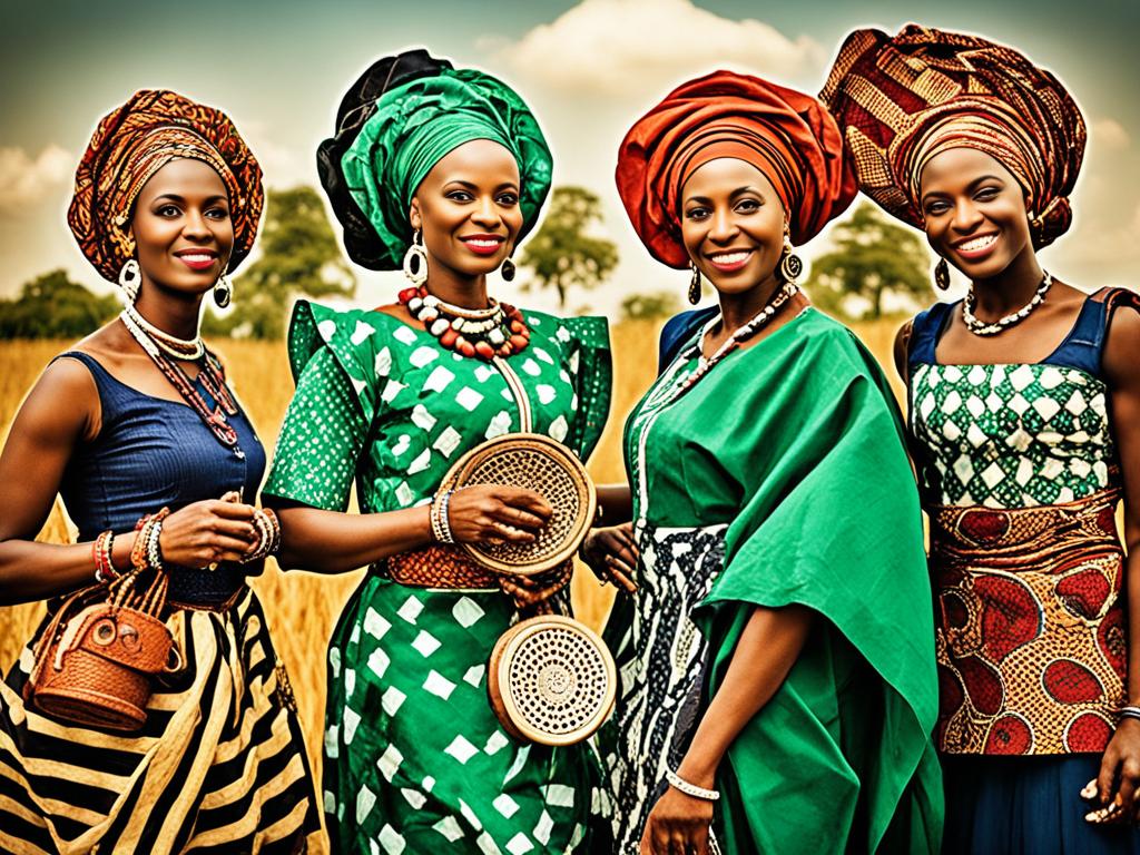 An image showcasing the diversity of Nigeria's ethnic groups throughout history. It includes traditional clothing, hairstyles, and accessories specific to each group. Warm and rich colors are used to highlight the vibrancy of their individual cultures.