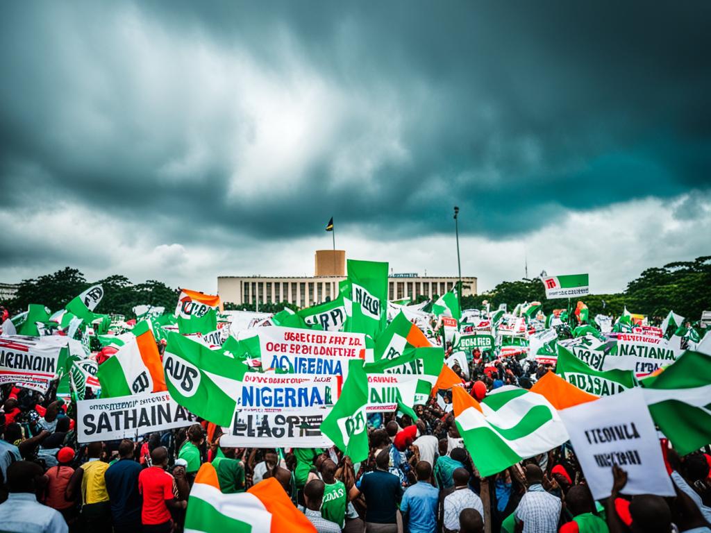 A chaotic scene of political rallies and protests with a mix of different political party colors dominating the image. People are holding up placards and banners with various political slogans. In the background, iconic Nigerian landmarks such as the Aso Rock and National Assembly building can be seen. The sky is filled with both dark and bright clouds, symbolizing the ups and downs of Nigerian politics.