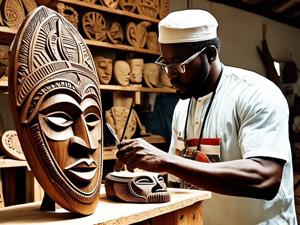 An image of a Nigerian sculptor intricately carving a wooden mask, capturing the essence of the traditional art form passed down through generations. The image shows the rich textures and patterns of the mask coming to life under the skilled hands of the artist. In the background, include subtle hints of Nigerian landscape and architecture, paying homage to the country's diverse cultural heritage.