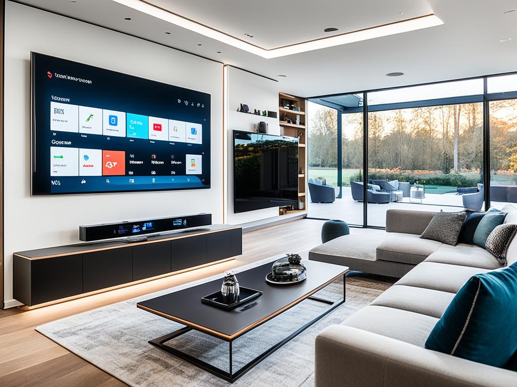 A sleek and modern house with various gadgets integrated into the design, such as a voice-controlled lighting system, a smart thermostat, and a robot vacuum cleaner. The living room features a large screen TV with multiple streaming services and a soundbar that connects to other devices for seamless audio playback. There is also an outdoor entertainment area equipped with a voice-controlled grill and surround sound speakers for the ultimate backyard party experience.