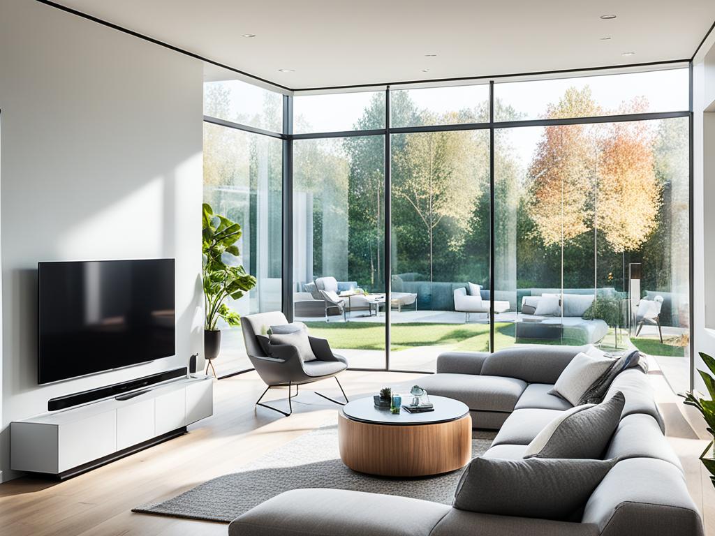 A sleek and modern living room with various smart home gadgets seamlessly integrated into the space. The room is well-lit, with natural light streaming in through large windows. The gadgets include a smart thermostat, voice-activated speakers, a robot vacuum, and a smart TV with streaming capabilities. The furniture is minimalistic and functional, designed to make the most of the available space.