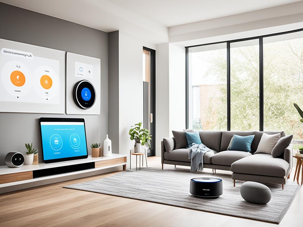 An image featuring a living room with various IoT gadgets in use, such as a voice-controlled speaker, automated thermostat, and automated blinds. The gadgets appear seamlessly integrated into the decor and functionality of the space to enhance the convenience and comfort of everyday living.