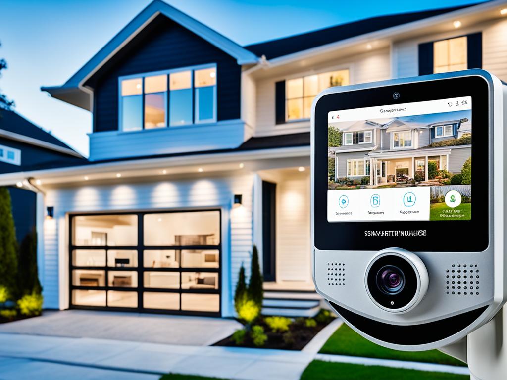 An image featuring a modern home equipped with smart security technology. It shows a sleek, wireless camera system mounted on the exterior of the house, with a clear view of the front porch and driveway. In the background, there's a mobile device displaying a live feed from the camera. The image shows a smart lock on the front door with an illuminated keypad and a digital code being entered on it. There's a motion sensor light above the garage door, triggered by someone walking through. In the foreground, there's a small device with a blinking light - it's a smart sensor that detects any unauthorized attempts to access the windows or doors. Overall, the image instills a sense of safety and protection for homeowners using smart home technology.