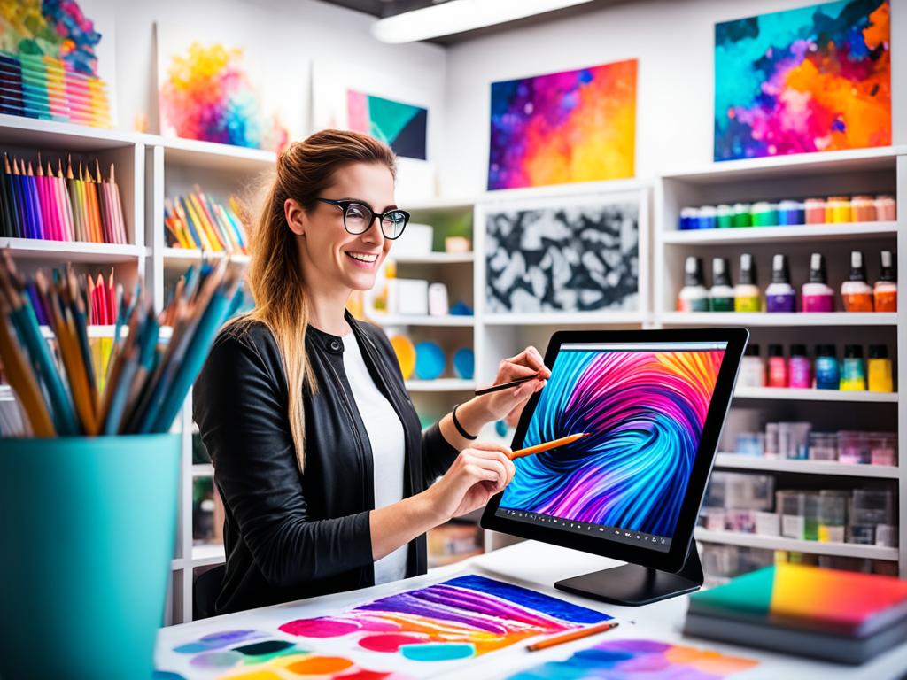 An image of a digital art studio, with a computer screen displaying vibrant colors and abstract shapes. The artist is using a digital tablet and stylus to create elaborate details in their artwork. In the background, there are shelves filled with various art supplies and books on design techniques. The overall atmosphere is one of creativity and productivity, with the artist fully immersed in their craft.