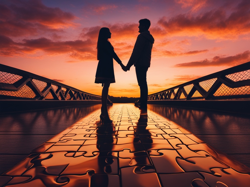 An image of two people on opposite sides of a bridge, reaching out to each other with their hands. In between them, the bridge is made up of puzzle pieces that fit together perfectly, symbolizing the trust and emotional intimacy they have built in their long distance relationship. The background is a beautiful sunset sky, representing the hope and positivity that comes with overcoming distance in a relationship.