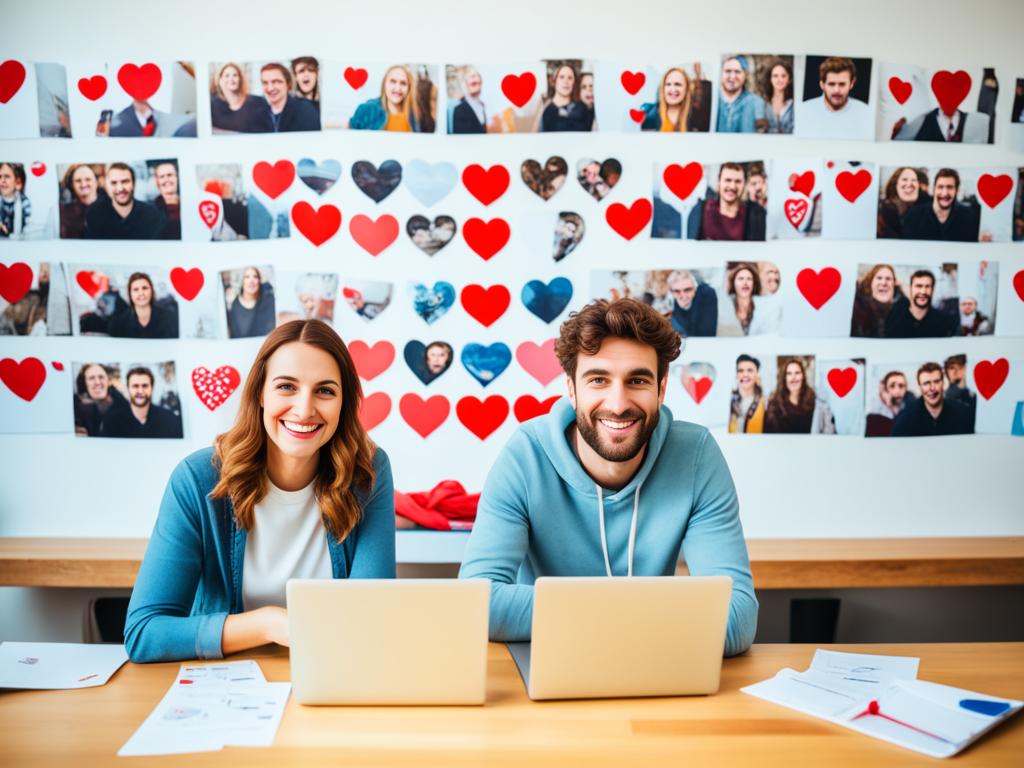 Two people sitting at opposite ends of a table, connected by a laptop and webcams. They both have smiles on their faces and are holding up a heart shape made with their hands. In the background, there are photos of them together hanging on the wall.