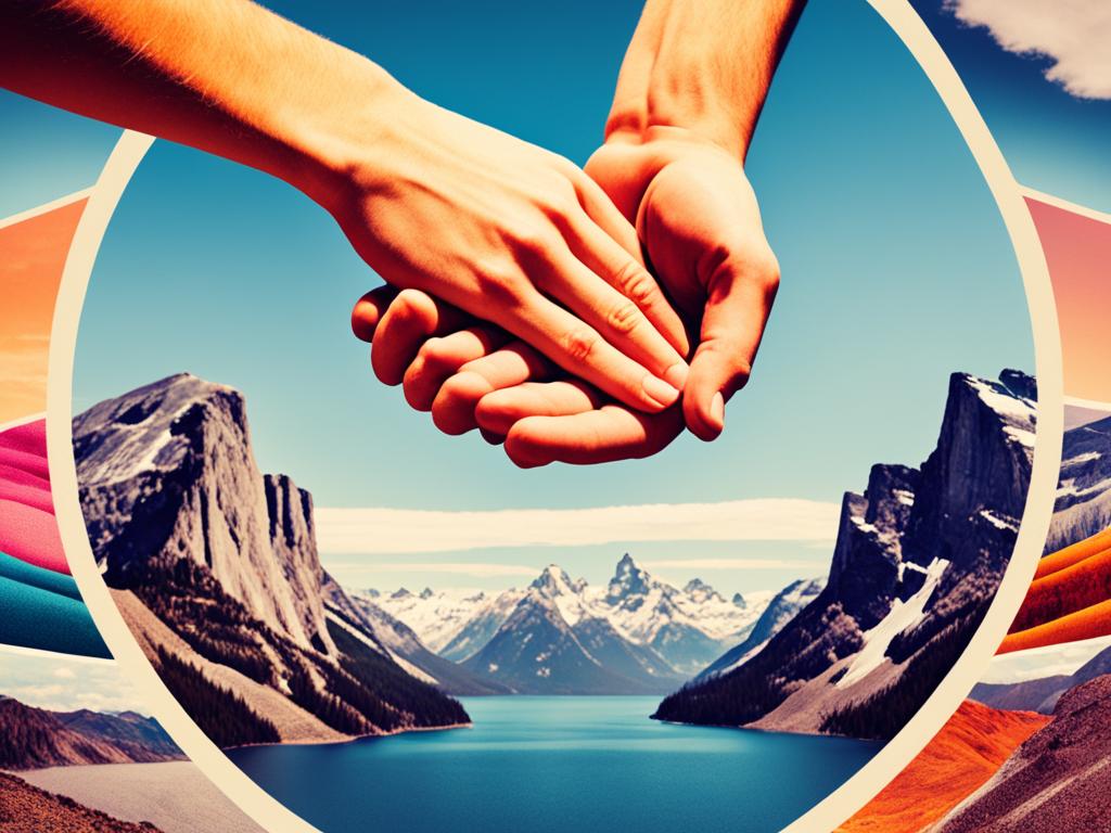 An image of two people holding hands across a vast distance, symbolizing the trust and emotional intimacy they have built up over time in their long distance relationship. The hands are surrounded by different objects that represent the challenges they have faced together and overcome, such as mountains and oceans. The colors are warm and comforting, conveying a sense of safety and security.