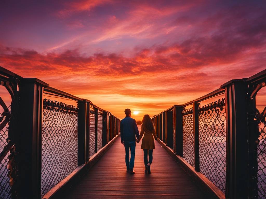 A couple standing on opposite sides of a bridge, reaching out to hold hands in the middle despite the distance between them. The bridge is covered in locks, symbolizing the strength and security of their relationship. The background shows a beautiful sunset with vibrant colors, representing hope and positivity for the future.