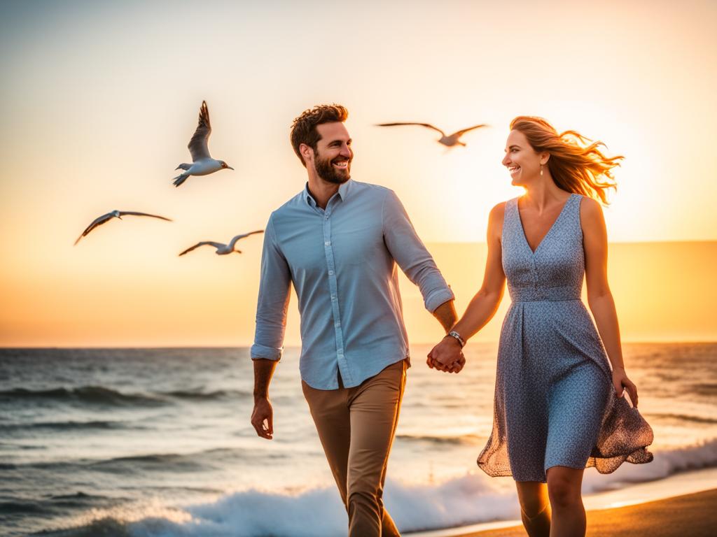 A couple holding hands across a vast expanse of ocean, with a glowing sunset behind them. The couple is smiling and looking at each other lovingly, while seagulls fly overhead.