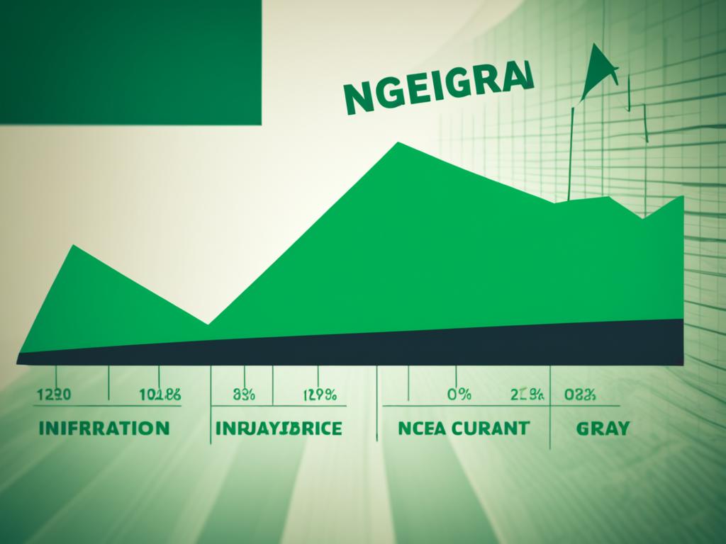 An image of the Nigerian flag with a rising line graph in the background, symbolizing the increasing inflation rate. The graph has a clear depiction of the consumer price index, and there is a sense of urgency and concern in the overall composition. The colors used conveys a sense of seriousness and gravity, with muted tones dominating the image.