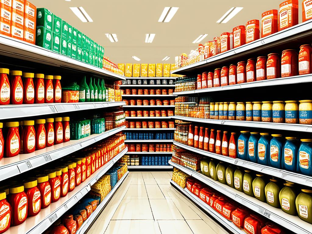 An image of common goods and services on supermarket shelves, with gradually increasing prices. The shelves is overflowing with products at lower prices in the foreground, but become progressively emptier towards the back with fewer products at higher prices. The use of warm colors such as reds and oranges incorporates the sense of rising pressure caused by surging prices.