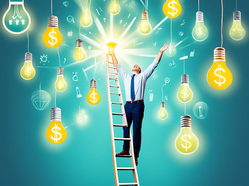 An image of a person standing on a ladder, reaching towards a glowing light bulb symbolizing financial knowledge. The background is a bright and cheerful color, representing financial success.