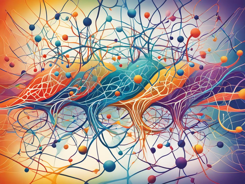 A series of interconnected neurons and brainwaves, with abstract shapes and colors surrounding them, representing the complex and detailed workings of the human mind.