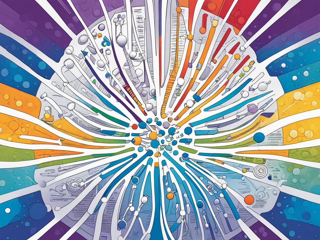 An image representing the complex and interconnected neural pathways involved in cognitive processes, such as perception, attention, memory, problem-solving, and decision-making. Abstract shapes and lines are used to convey the dynamic nature of these processes and their potential for change and adaptation over time. It includes contrasting colors and textures to highlight the different stages and aspects of cognitive processing, from sensory input to motor output.