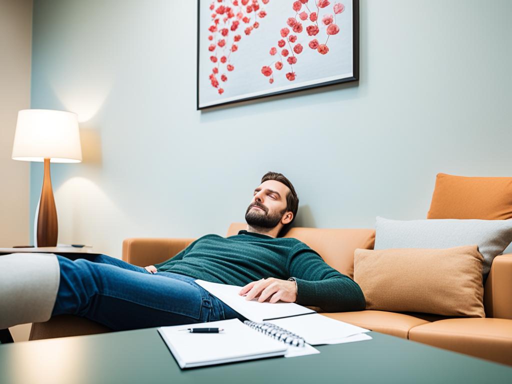 An image of a young man lying on a couch with books close to him, symbolizing the process of psychotherapy in clinical psychology. The room has soft lighting and warm colors, giving a sense of comfort and relaxation to the patient. The image conveys the idea of trust and confidentiality between the patient and therapist as well as the analytical and empathic approach of clinical psychology.