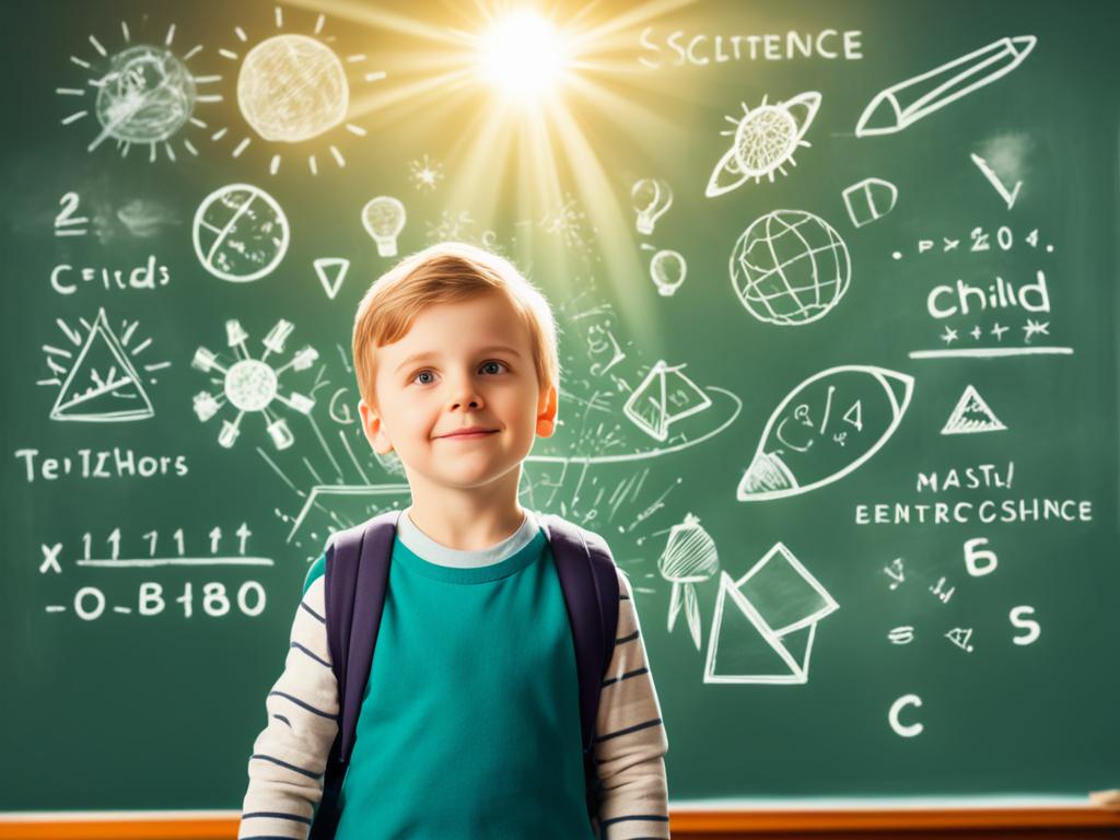 A young child standing in front of a class board, with rays of sunlight pouring in through a window, while hanging a schoolbag. The child has a determined look on the face and is surrounded by symbols and images representing different fields of study, such as math, science, literature, and art.