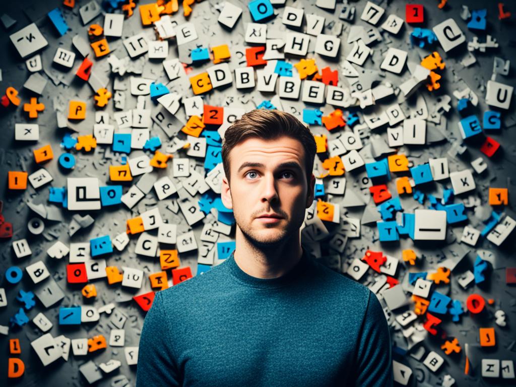 An image of a young man standing in front of a wall covered in jumbled letters and symbols, as if trying to solve a complex puzzle. The man has a determined expression on his face, with furrowed brows and focused eyes. The background is dark and dimly lit, creating an atmosphere of intense concentration.