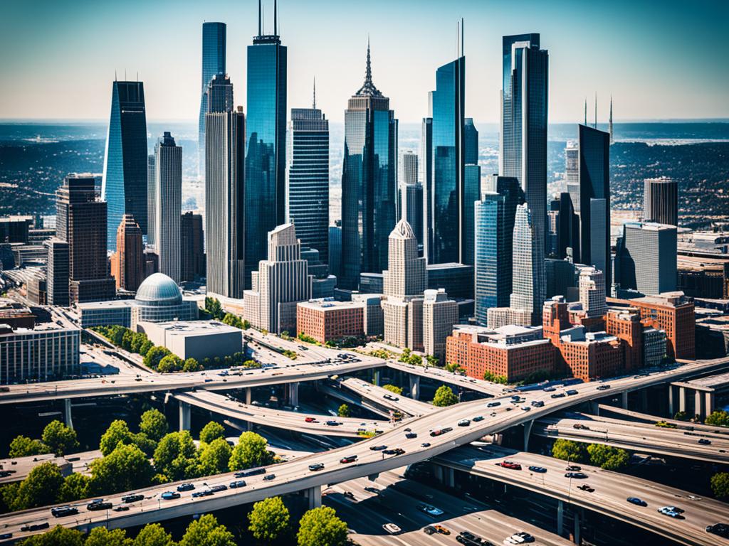 A bustling city skyline with buildings of different shapes and sizes representing various industries, all interconnected by busy roads and highways, giving a sense of endless opportunities in the job market for those with a quality education.