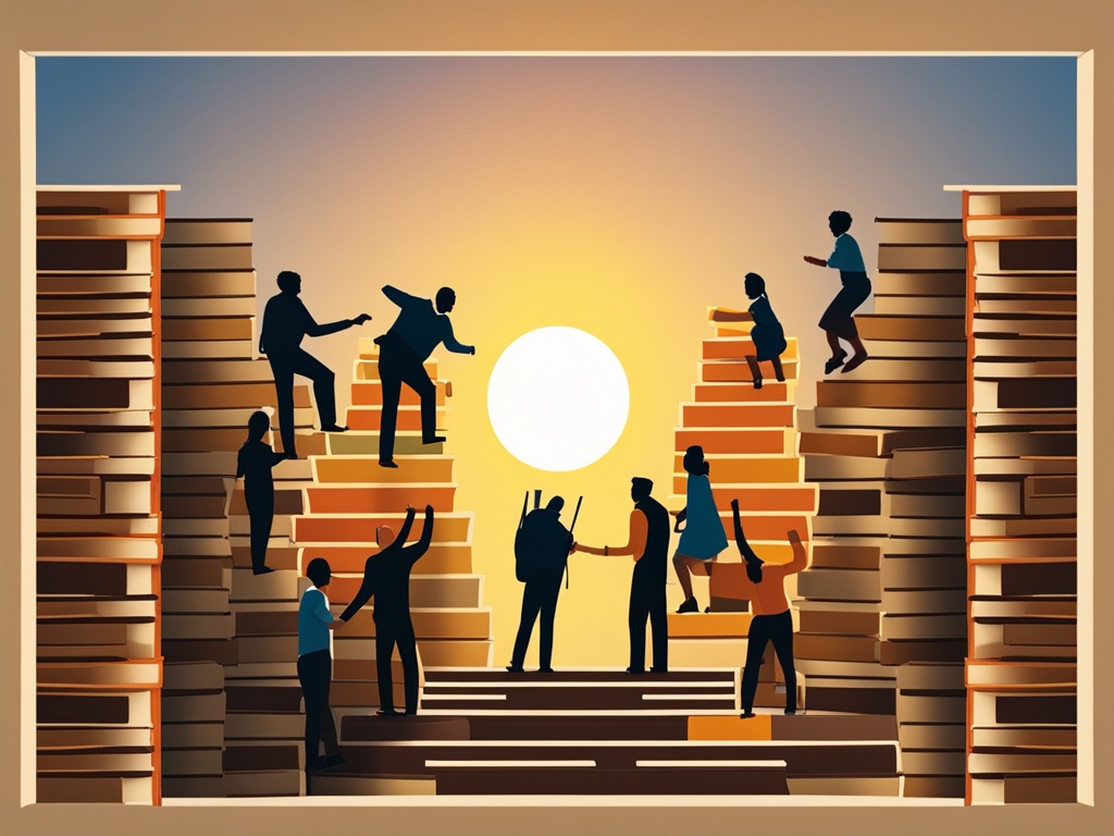 A group of diverse people climbing a ladder made of books with the sun shining down on them, symbolizing the upward social mobility that education can provide.