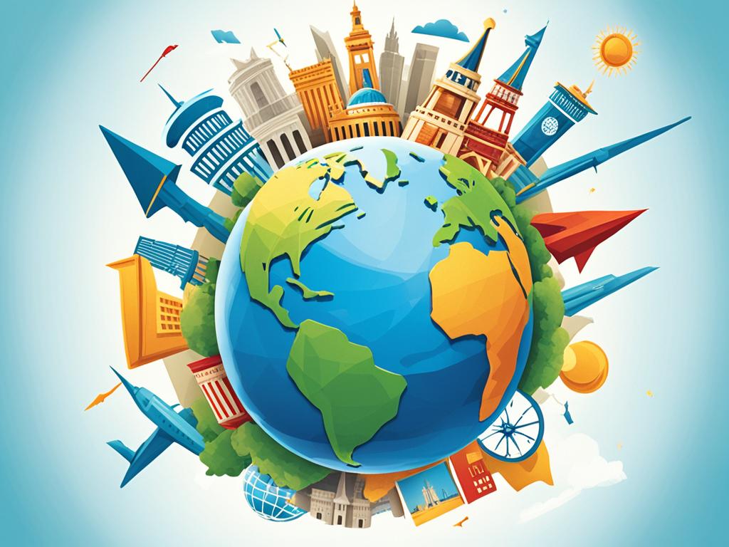 A globe surrounded by various landmarks from different countries, symbolizing the role of education in global development. The landmarks include recognizable structures and buildings such as the Eiffel Tower, Statue of Liberty, Great Wall of China, Pyramids of Giza, etc. The globe is shown as vibrant and dynamic, with educational icons emanating from it and spreading outward to represent knowledge and progress. The image conveys hope and optimism for a brighter future through education.