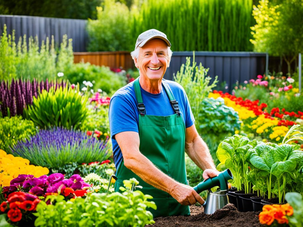 A lush garden with various colorful flowers, vegetables, and herbs growing in neat rows. In the background, a novice gardener is holding a watering can and smiling with satisfaction at his green thumb success.