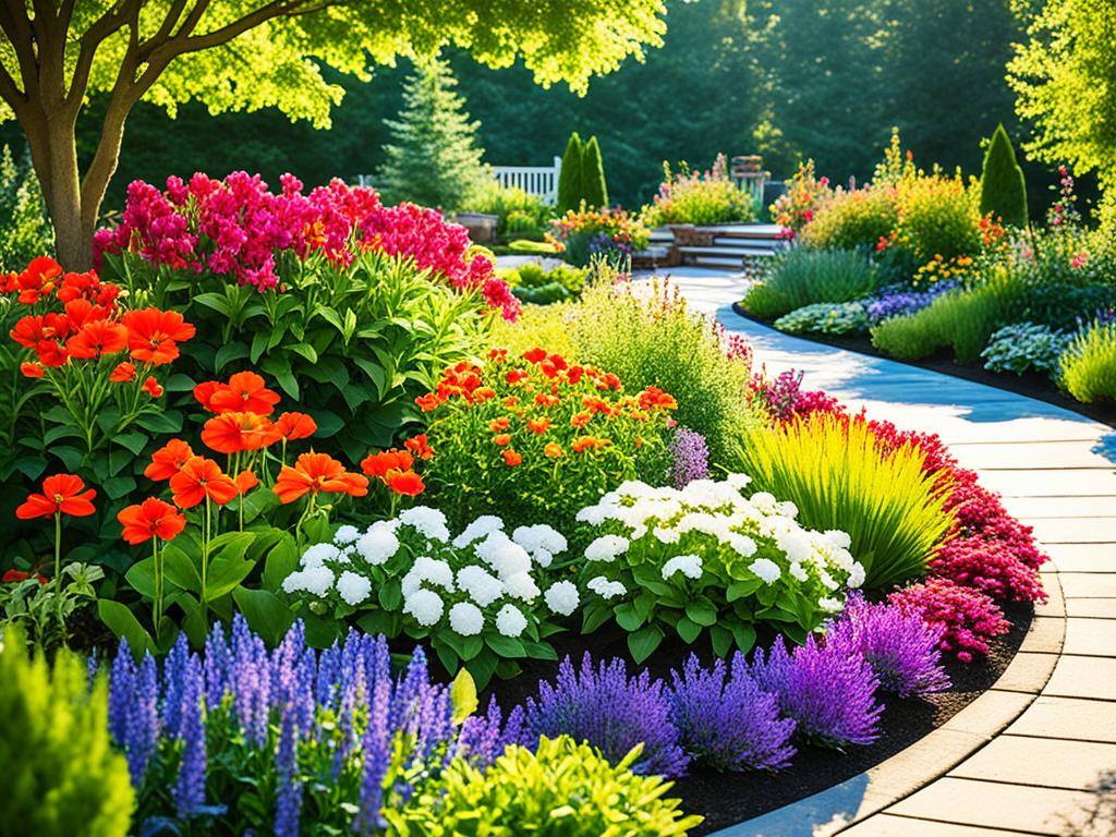 A bountiful garden with vibrant and colorful flowers that brighten up any outdoor space. The plants are healthy and thriving, showcasing the benefits of gardening for beginners. Sunlight filters through the leaves, highlighting the natural beauty of the garden. In the background, a peaceful and serene setting, surrounded by trees and nature, showcasing the calming effects of gardening as a hobby.