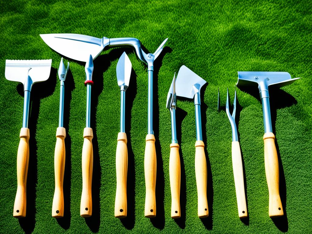 A row of wooden-handled gardening tools neatly arranged on a bright green grassy background. Each tool is different in shape and size, including a trowel, rake, hoe, spade, and hand pruner. The sun is shining down on the tools making them gleam in the light.