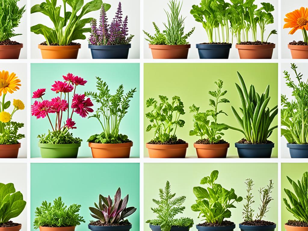 A collage of thumbnail images featuring a variety of beginner gardening plants, including colorful flowers, leafy greens, and easy-to-care-for herbs. Each image is surrounded by a thin white border and presented against a light green background. The plants are arranged in a balanced yet playful manner, with spilling out of their frames.