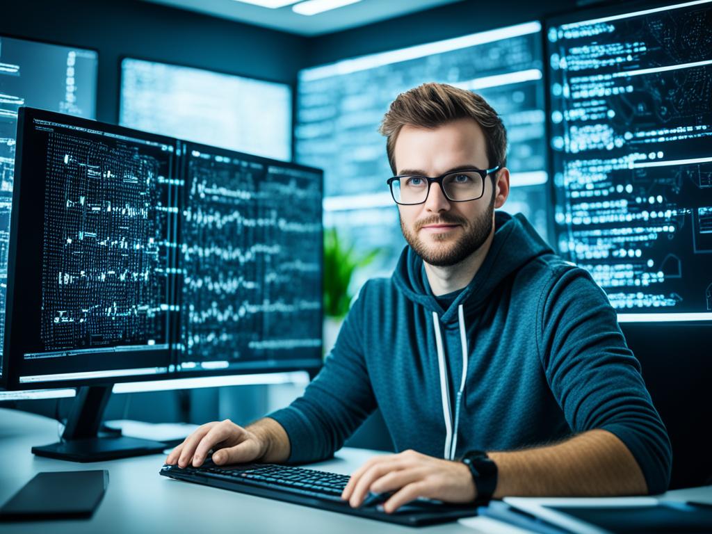 A young man sitting at a desk surrounded by computer screens and tech equipment, with mathematical formulas and coding languages displayed on the screens. The man has a focused expression on his face as he work on software engineering tasks. The environment around him feels sleek and modern, with minimalist design and a futuristic vibe. There is a sense of innovation and progress in the air, with the idea that he is working on cutting-edge technology that will shape the future of the industry.