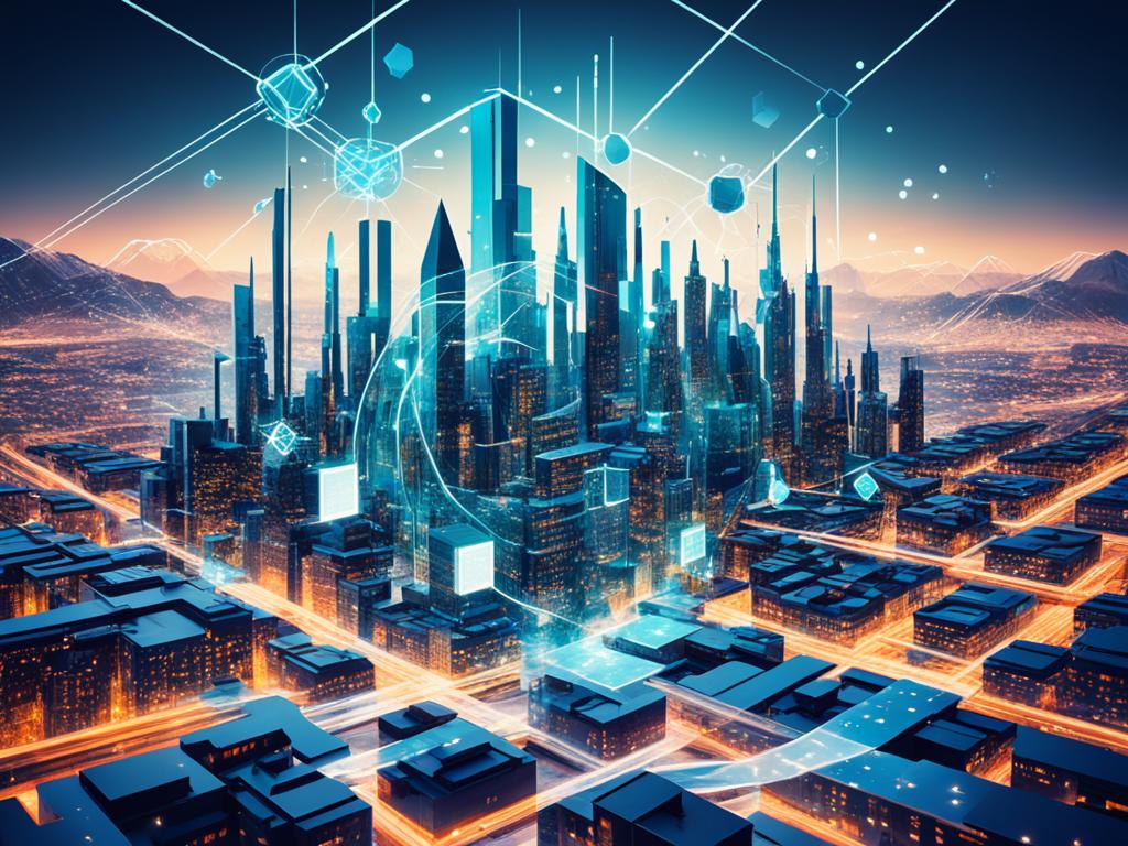 Abstract shapes and patterns representing the diverse fields of emerging technology, such as blockchain, artificial intelligence, augmented reality, quantum computing, and biomedical engineering, blending together to form a futuristic cityscape.