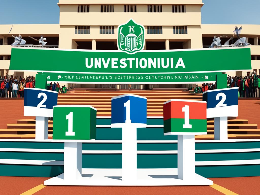 An image of a podium with 10 steps, each step representing one of the top universities in Nigeria. The podium is surrounded by a crowd of students, with some holding banners representing their respective universities. The background features iconic landmarks from each university's campus, such as buildings and sculptures. The color scheme includes the main colors of each university.