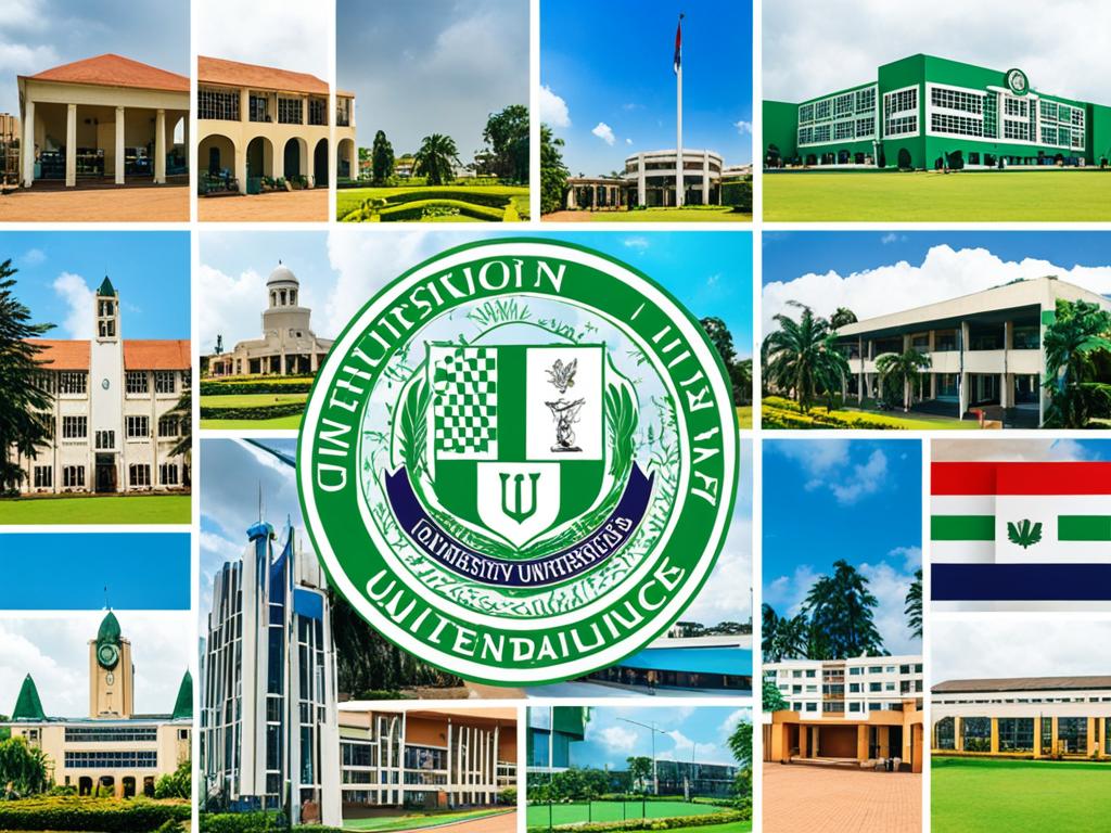 An image featuring the top 10 universities in Nigeria. Vibrant colors are used to symbolize excellence and education. It shows each university represented by its unique emblem and symbol, with the universities arranged in a descending order of ranking. The image uses geometric shapes, such as circles and squares, to highlight each university, creating a visually appealing composition.