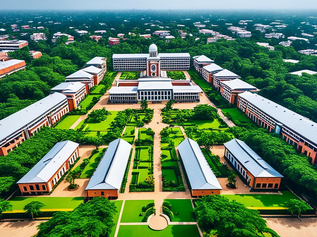 An aerial view of the top 10 Nigerian universities, with each campus highlighted in its signature color and surrounded by lush green trees and gardens.