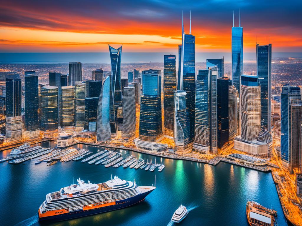 A bustling city skyline with skyscrapers of varying heights and colors, each representing a different financial market such as stock exchange, commodities market, and foreign exchange. The city is surrounded by a body of water with boats and ships symbolizing international trade. The sky is painted in shades of blue and orange, signifying the different times of the day when the markets are active.