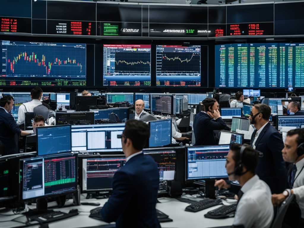 A bustling trading floor with a variety of financial instruments being traded, including stocks, bonds, and commodities. High-tech screens display real-time market data while traders and brokers frantically communicate with each other through hand gestures and body language. The scene exudes energy and competitiveness.