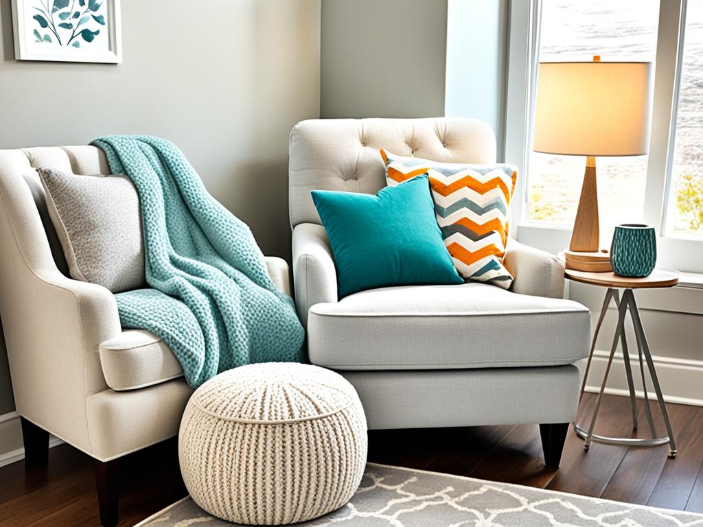 A cozy reading corner nestled in the corner of a room with a plush armchair, an ottoman, and a side table. The armchair has a soft blanket draped over it and a few colorful cushions. The side table has a lamp for reading, a coaster for hot tea or coffee, and a few books stacked up next to it. The corner has shelves filled with books, and there are some wall art on the walls to inspire reading. The lighting is soft and warm, creating a relaxing atmosphere perfect for unwinding with a good book.