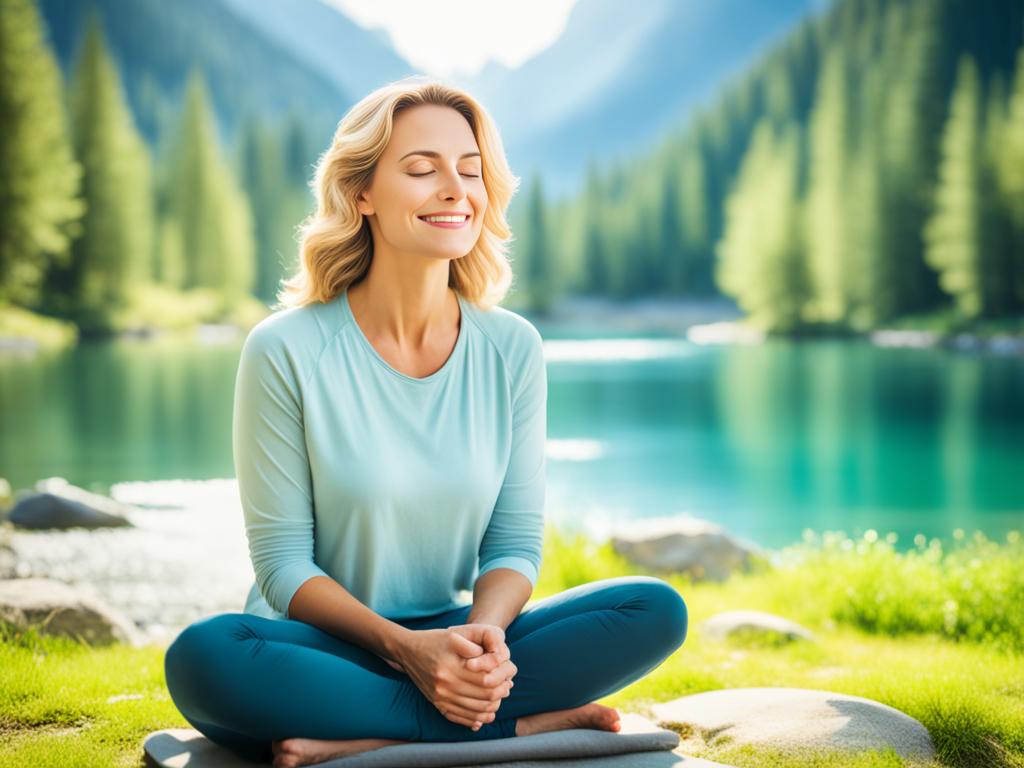 A lady sitting cross-legged with eyes closed and hands resting on her knees, surrounded by a tranquil and serene environment. The scenery is illustrated as natural elements such as trees, mountains, and water bodies. The lady is shown to have a gentle smile on her face while she focuses on her breath.