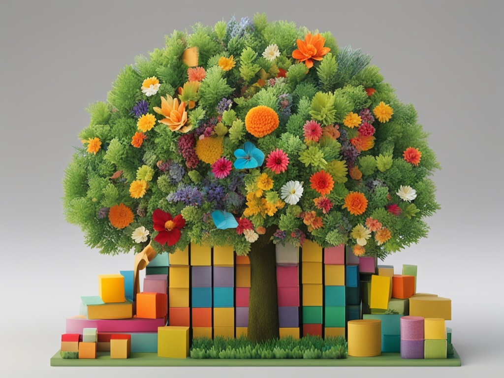 An image that conveys the concept of "vocabulary" through the use of colorful and diverse objects, such as books, pencils, dictionaries, flashcards, and sticky notes, arranged in a creative and visually appealing manner. It uses different shapes, sizes, textures, and patterns to represent the variety and complexity of vocabulary. The image includes some elements of nature, such as trees and flowers, to symbolize growth and exploration.