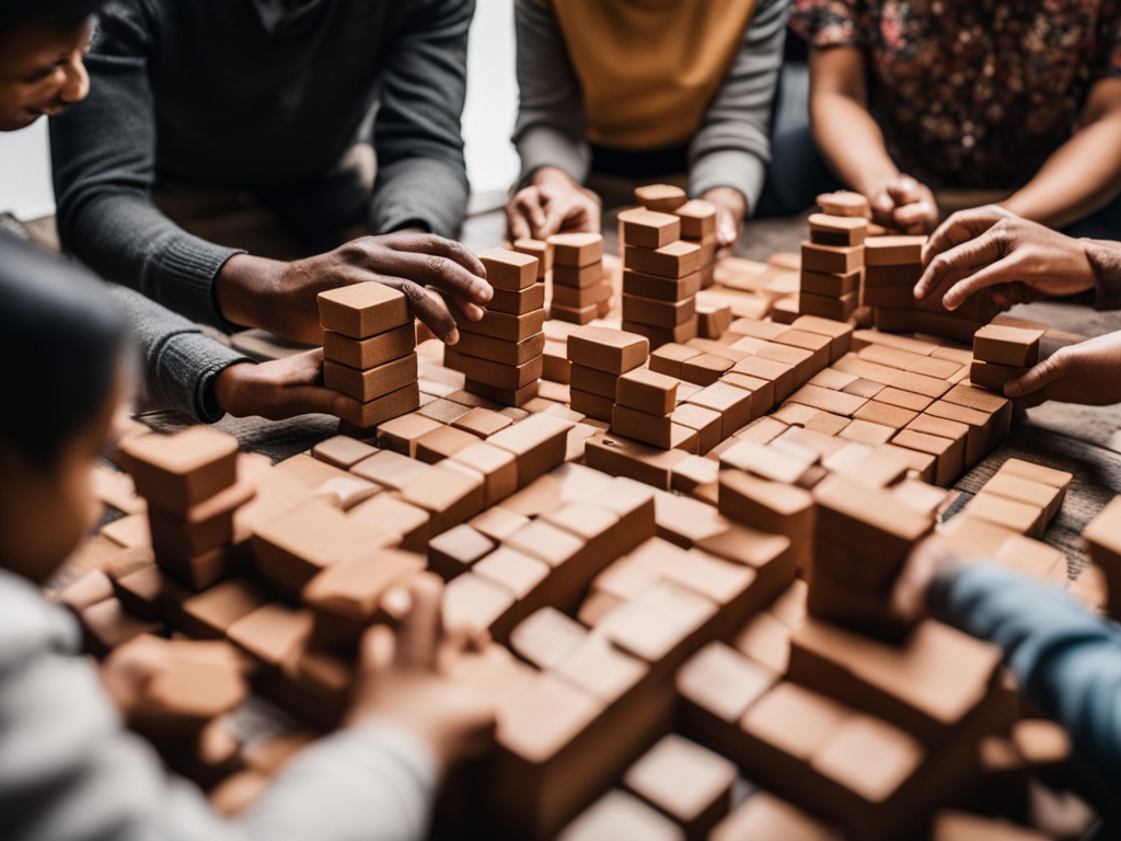 An image of a diverse group of people working together to construct a strong foundation of new words, with each member bringing their own unique bricks to the table.