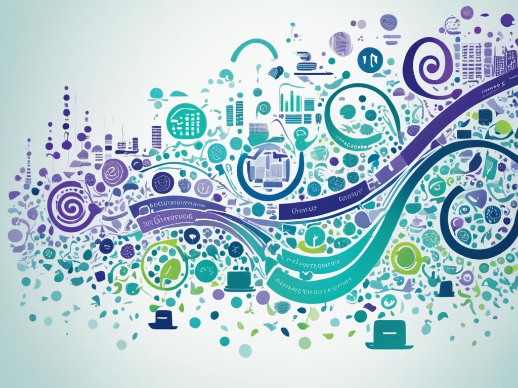 An image that represents the concept of natural language processing, using colors and shapes that communicate the idea of data analysis and linguistic comprehension. It uses  swirls, curves, and patterns that suggest the process of interpreting and understanding language through digital means. It uses a palette of blues, greens, and purples to convey a sense of technology and innovation. The image focuses on symbolic elements that convey the essence of communication and information processing.