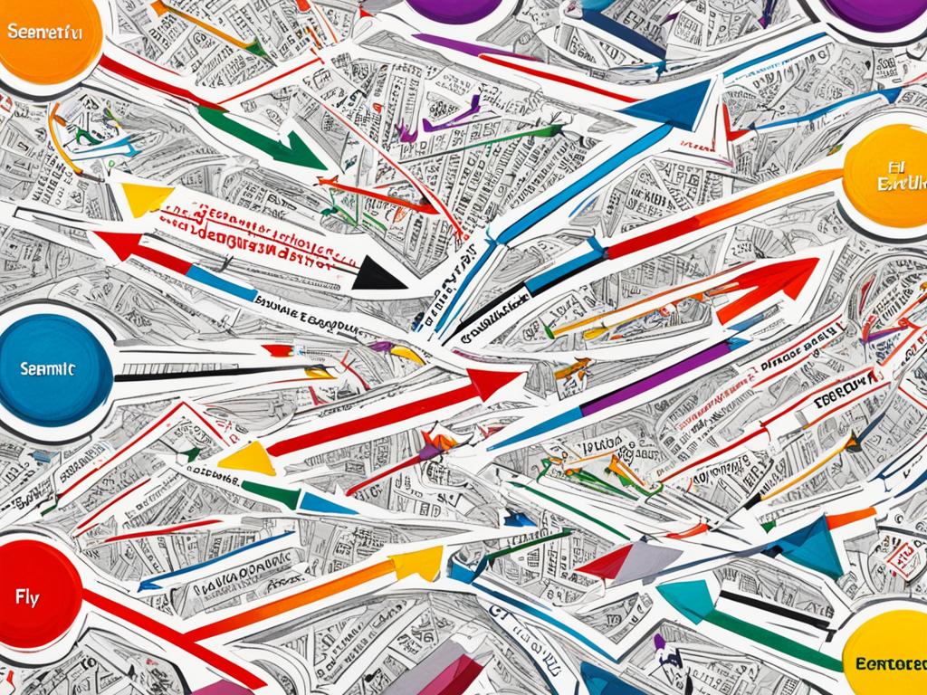 An abstract image of the process of semantic analysis, conveying the complexity of interpreting language and extracting meaning. Vibrant colors are used to represent the detail of the task, and it includes geometric shapes to symbolize the different elements that make up language.