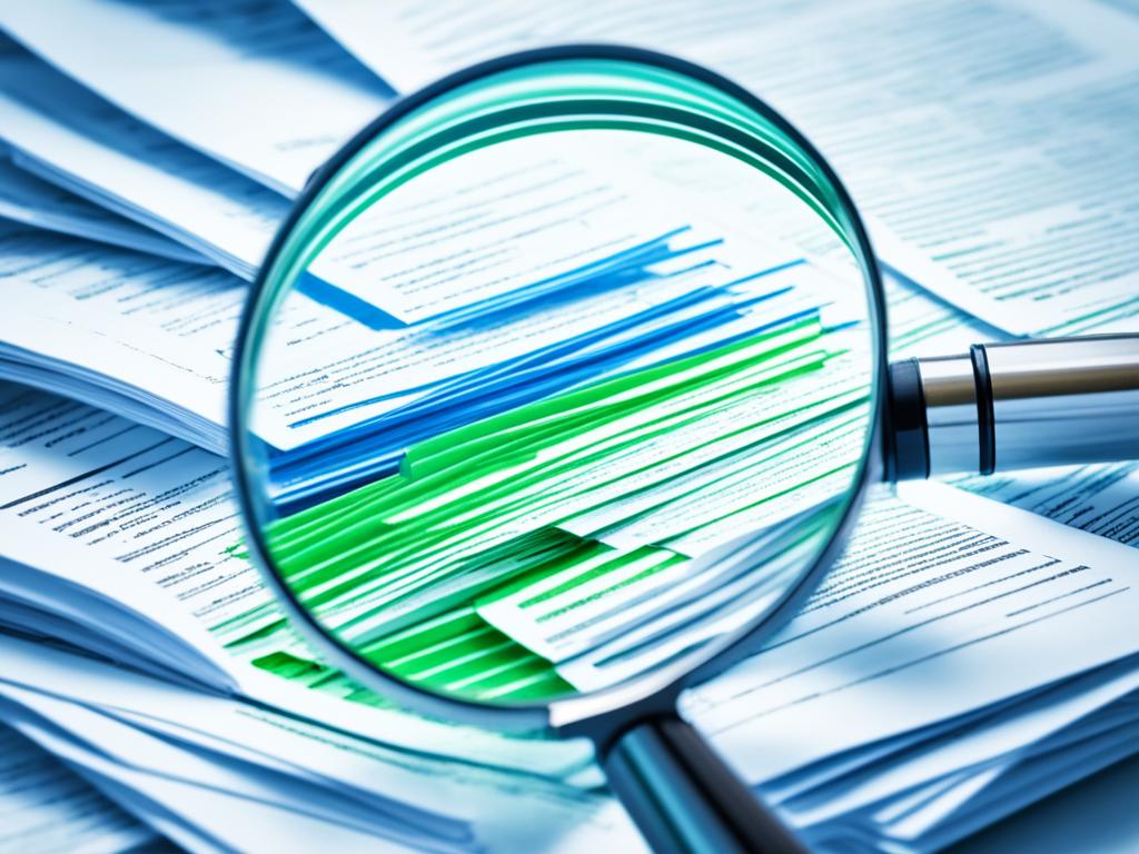 An image of a magnifying glass hovering over a pile of documents, with blue and green lines emanating from the glass to represent the extraction of insights from written content.